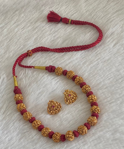 Antique gold tone maroon thread nakshi beaded necklace set dj-54952