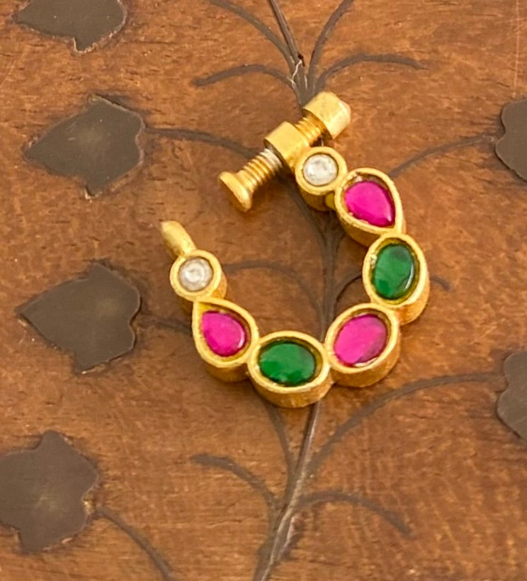 Gold tone kundan jadau pink-green-white stone nose pin dj-53727