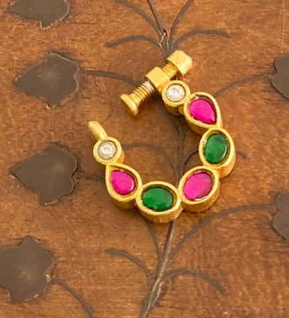Gold tone kundan jadau pink-green-white stone nose pin dj-53727