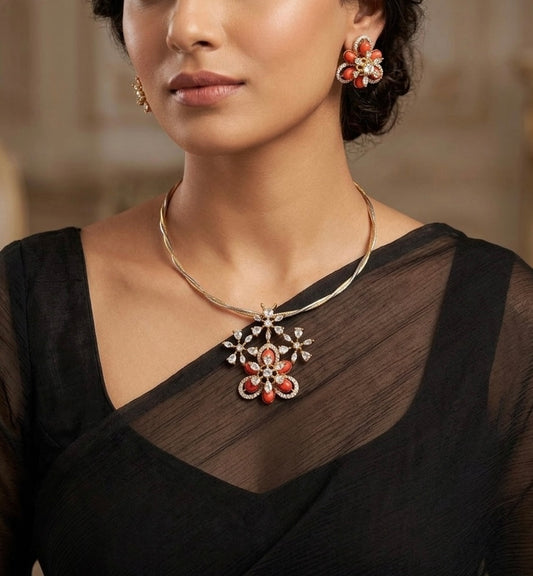 Two tone cz white stone coral pendant set with kanti necklace dj-54393
