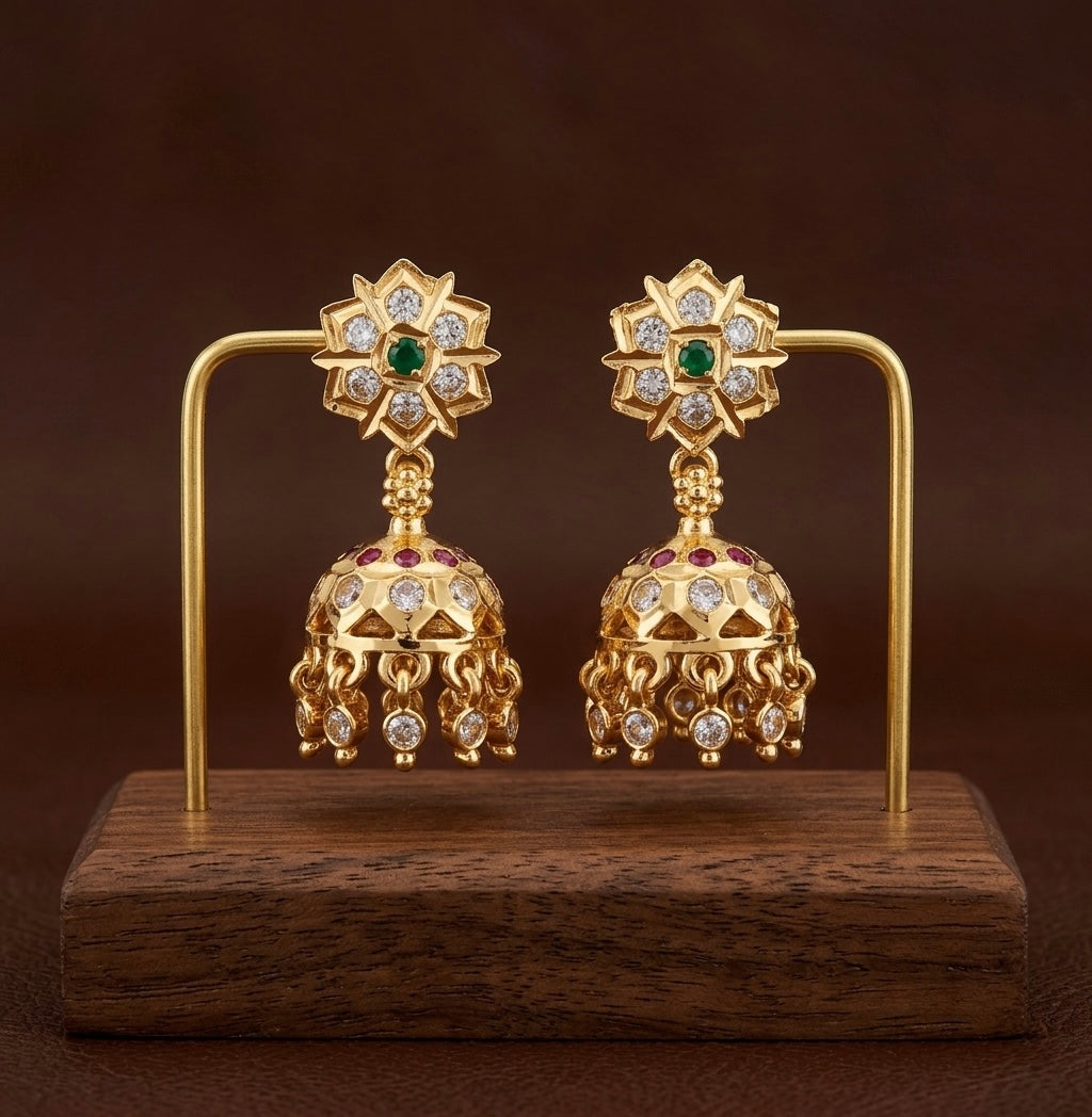 Gold tone AD pink-green-white south Indian flower jhumkka dj-53269