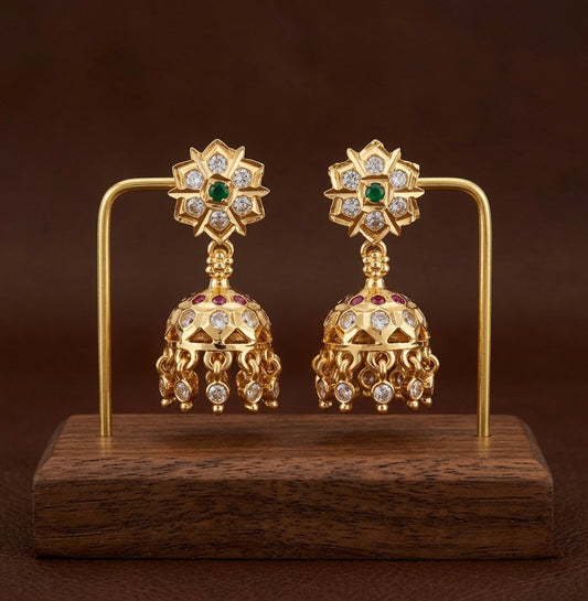 Gold tone AD pink-green-white south Indian flower jhumkka dj-53269