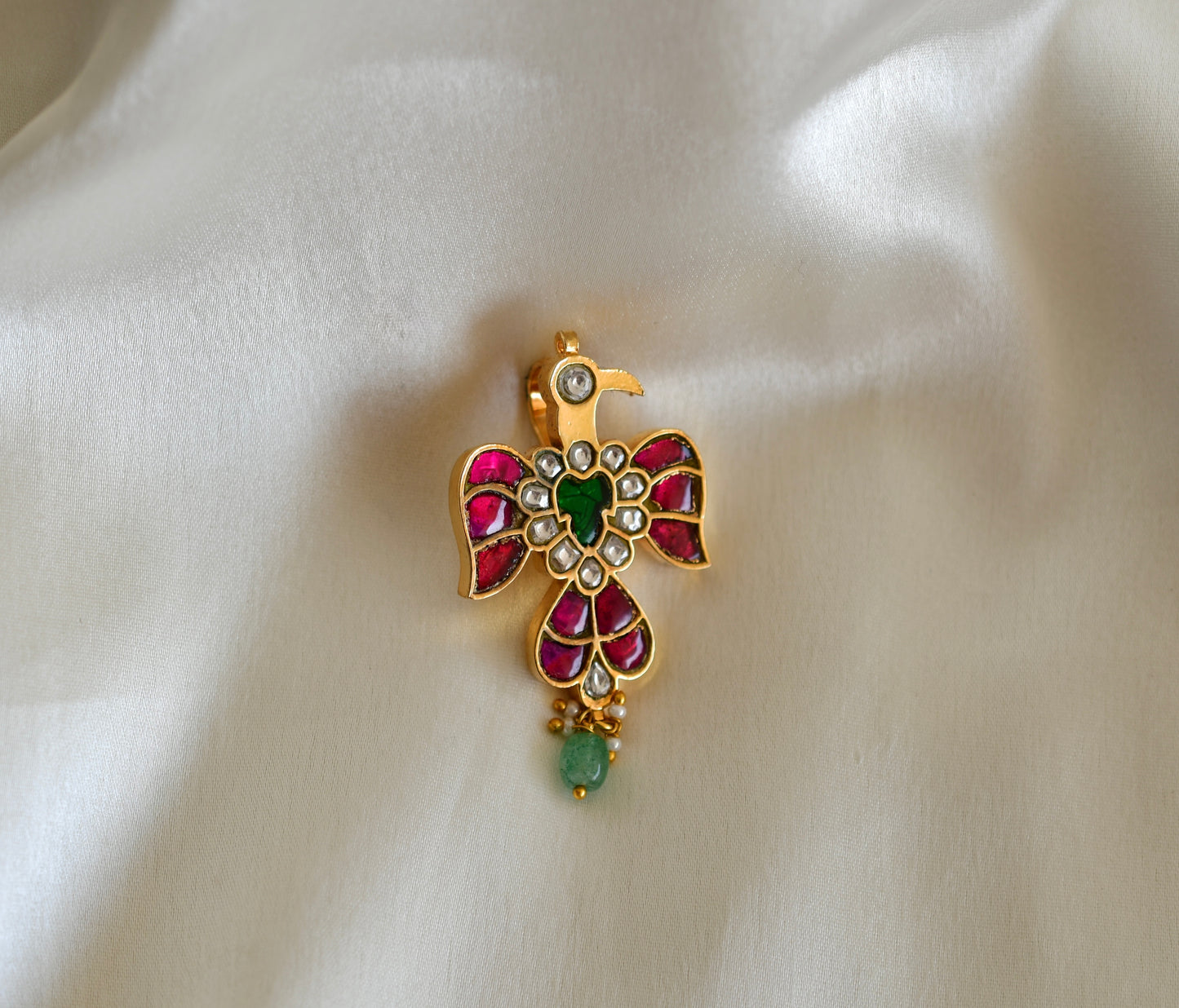 Gold tone pink-green kundan jadau peacock small pendant dj-52637