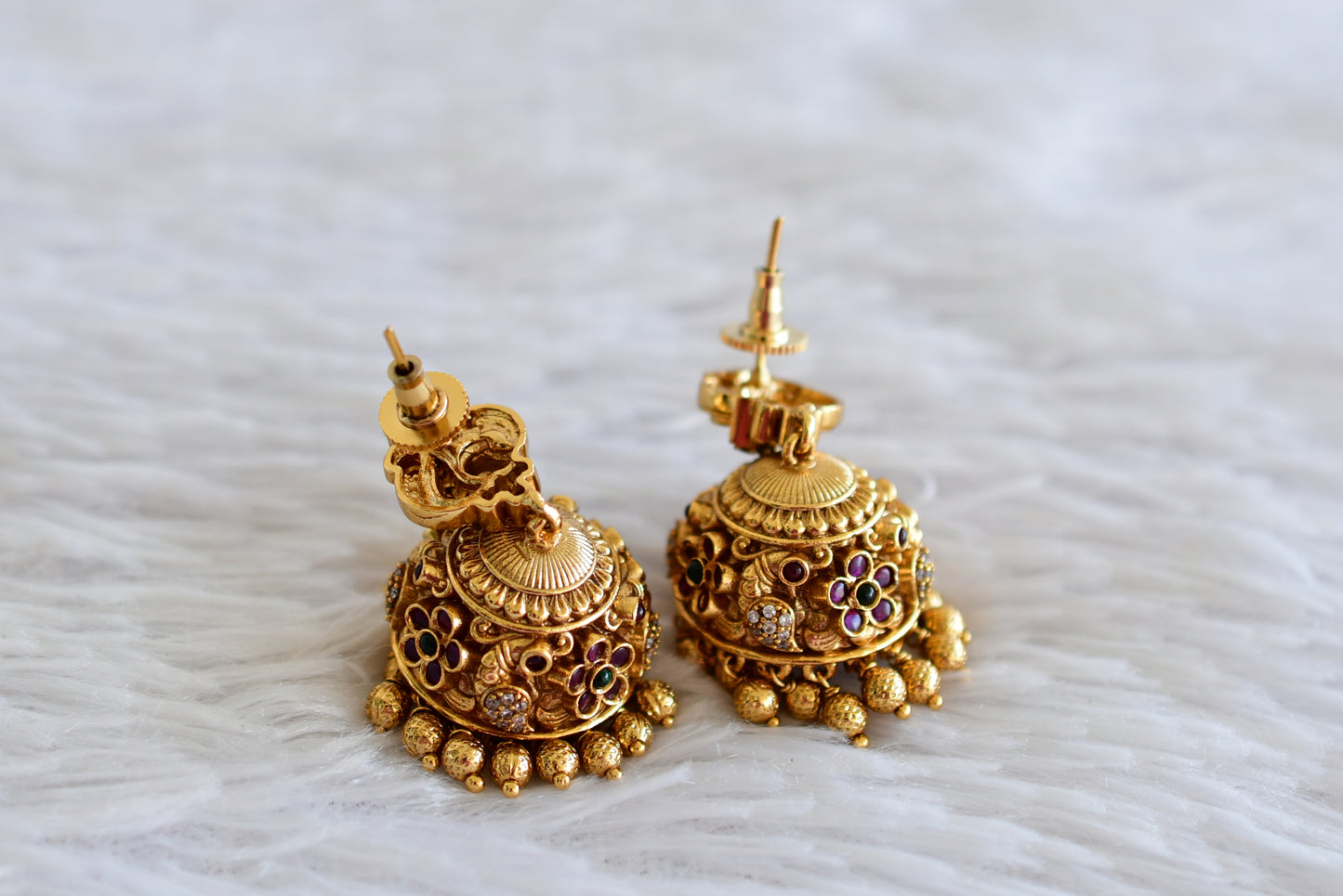 Antique gold tone kemp-green peacock jhumkka dj-51933