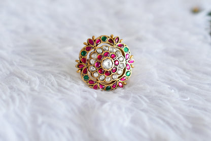 Gold tone pink-green-pearl kundan jadau flower finger ring dj-52369