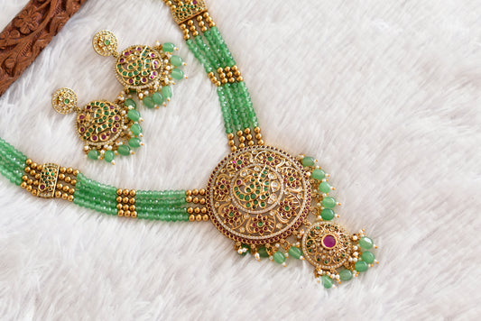 Antique gold tone pink-green beaded peacock haar set dj-52438