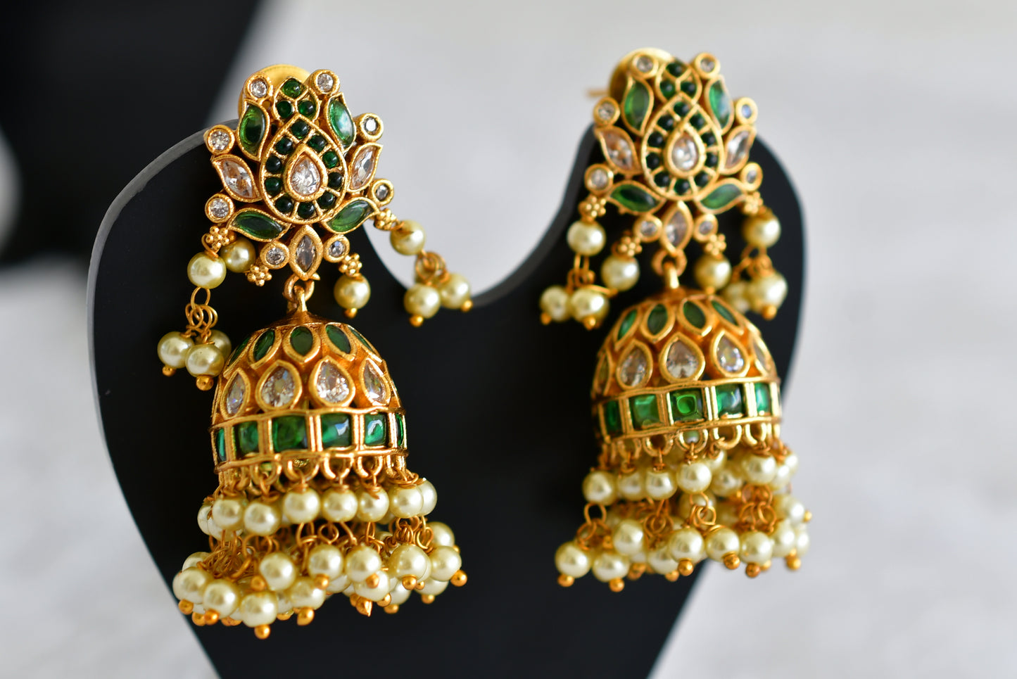 Matte finish green-white pearl lotus jhumkka dj-52152