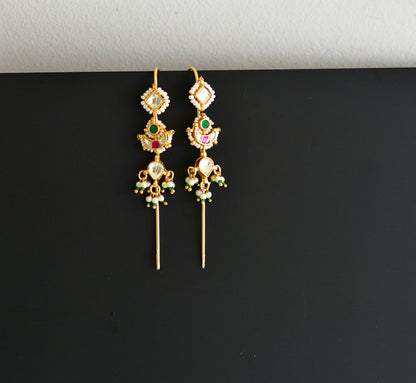 Gold tone pink-green kundan jadau moon bugadi needle earrings dj-52449