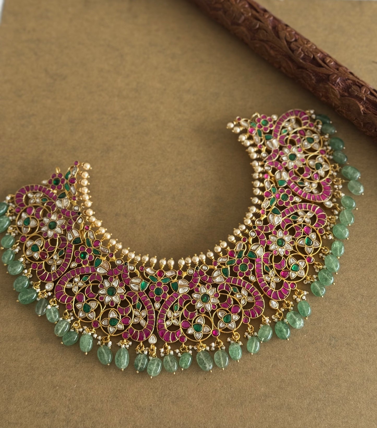Gold tone pink-green-white kundan jadau peacock bold bridal necklace dj-51551