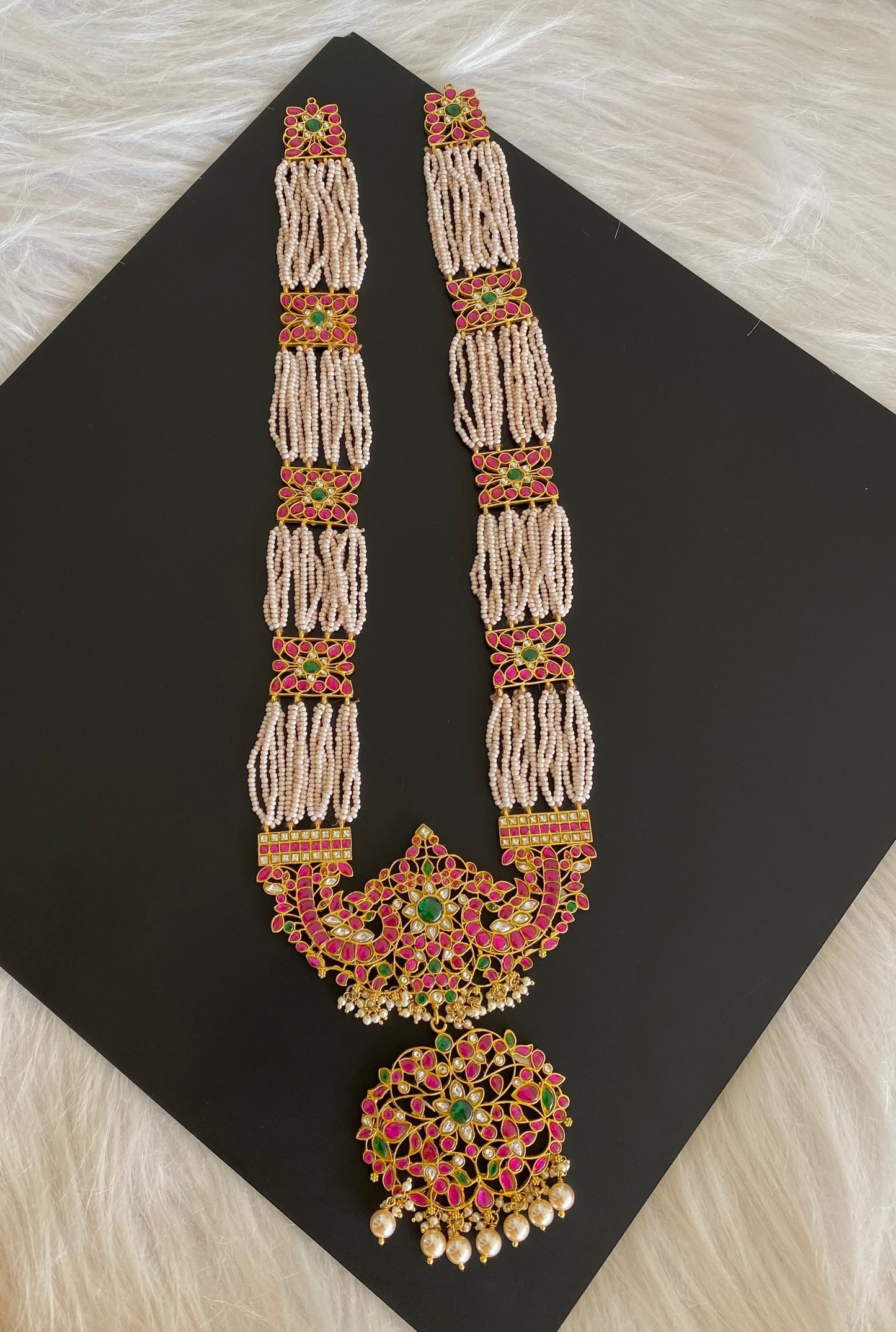 Antique gold pink-green-white pearl kundan jadau haar dj-54157