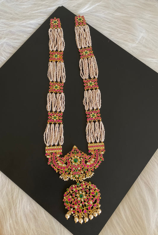 Antique gold pink-green-white pearl kundan jadau haar dj-54157