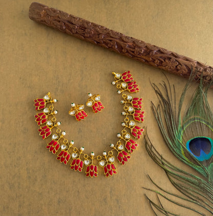 Gold tone coral-white kundan jadau lotus necklace set dj-51543