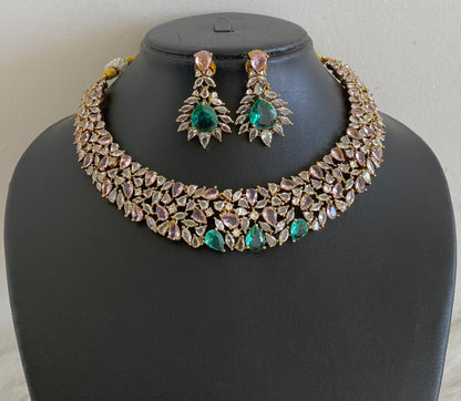 Antique gold tone white baby pink peacock green stone necklace set dj-54811