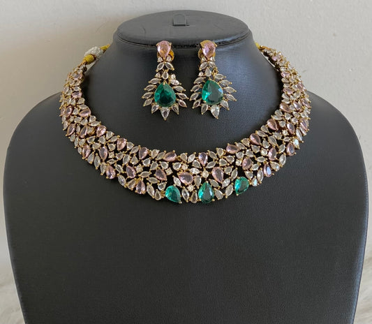 Antique gold tone white baby pink peacock green stone necklace set dj-54811