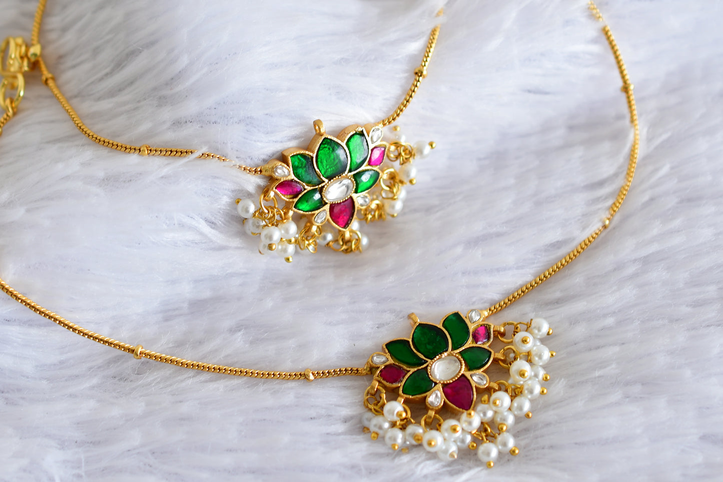 Gold tone pink-white-green lotus kundan jadau anklets dj-52400