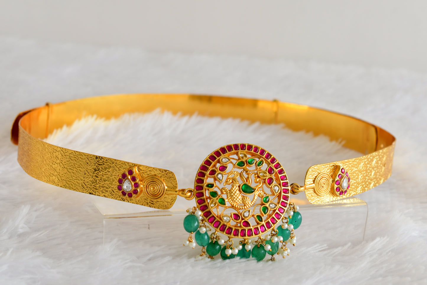 Gold tone pink-green-white kundan jadau Peacock mango waist band dj-52174