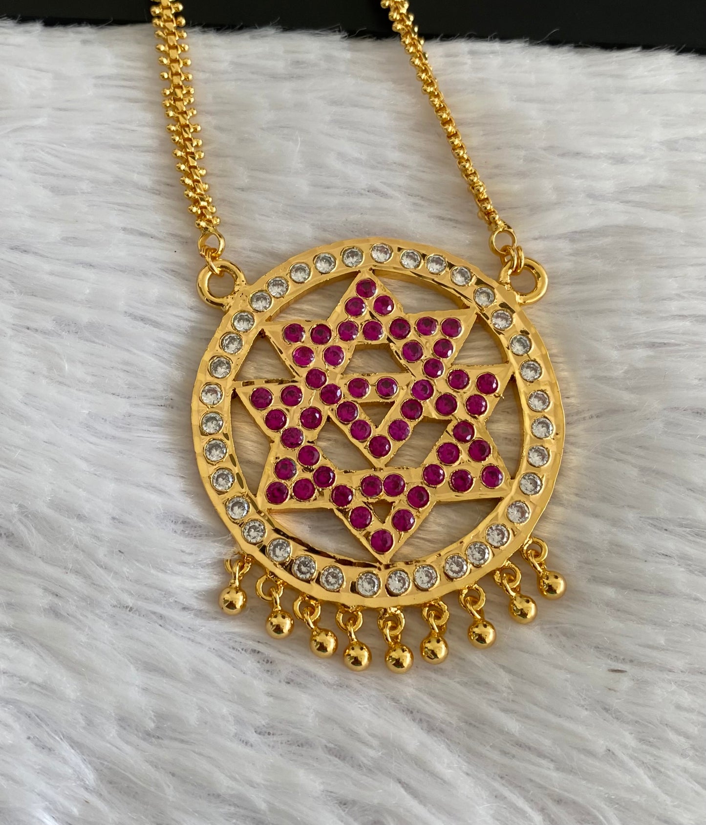 Gold tone 24 inches chain with AD pink-white chakram pendant dj-53261