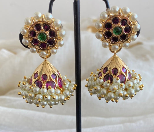 Gold tone precious kemp-green stone pearl jhumkka dj-53924