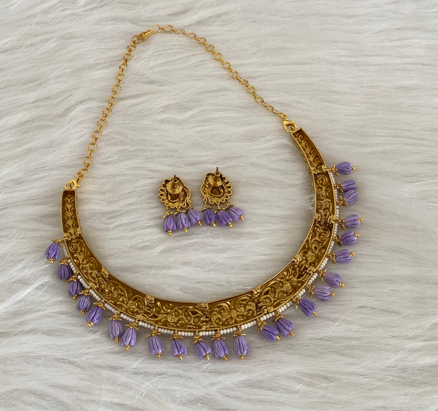 Antique gold tone purple tulip beaded kante necklace set dj-54535