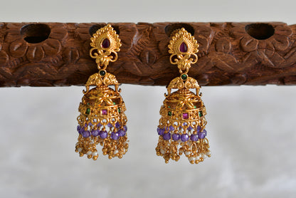 Antique gold tone ruby-green purple beaded elephant jhumkka dj-52161