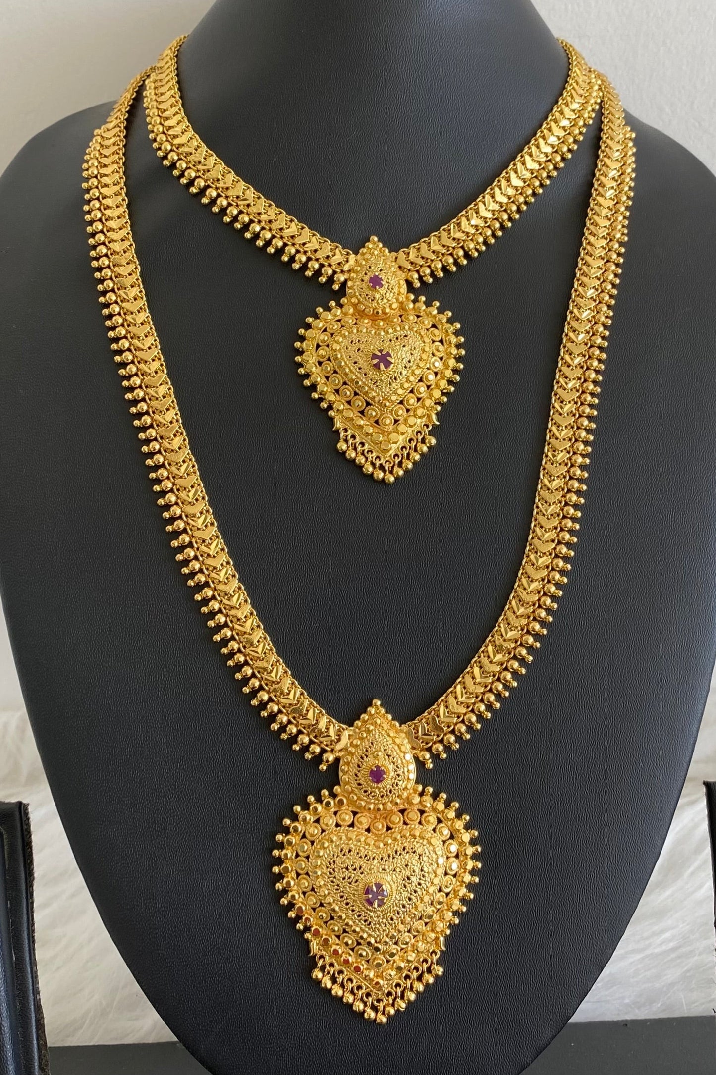 Gold tone ruby stone heart combo set dj-54279