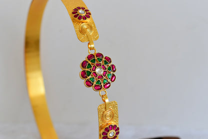 Gold tone pink-green-white kundan jadau flower mango waist band dj-52178
