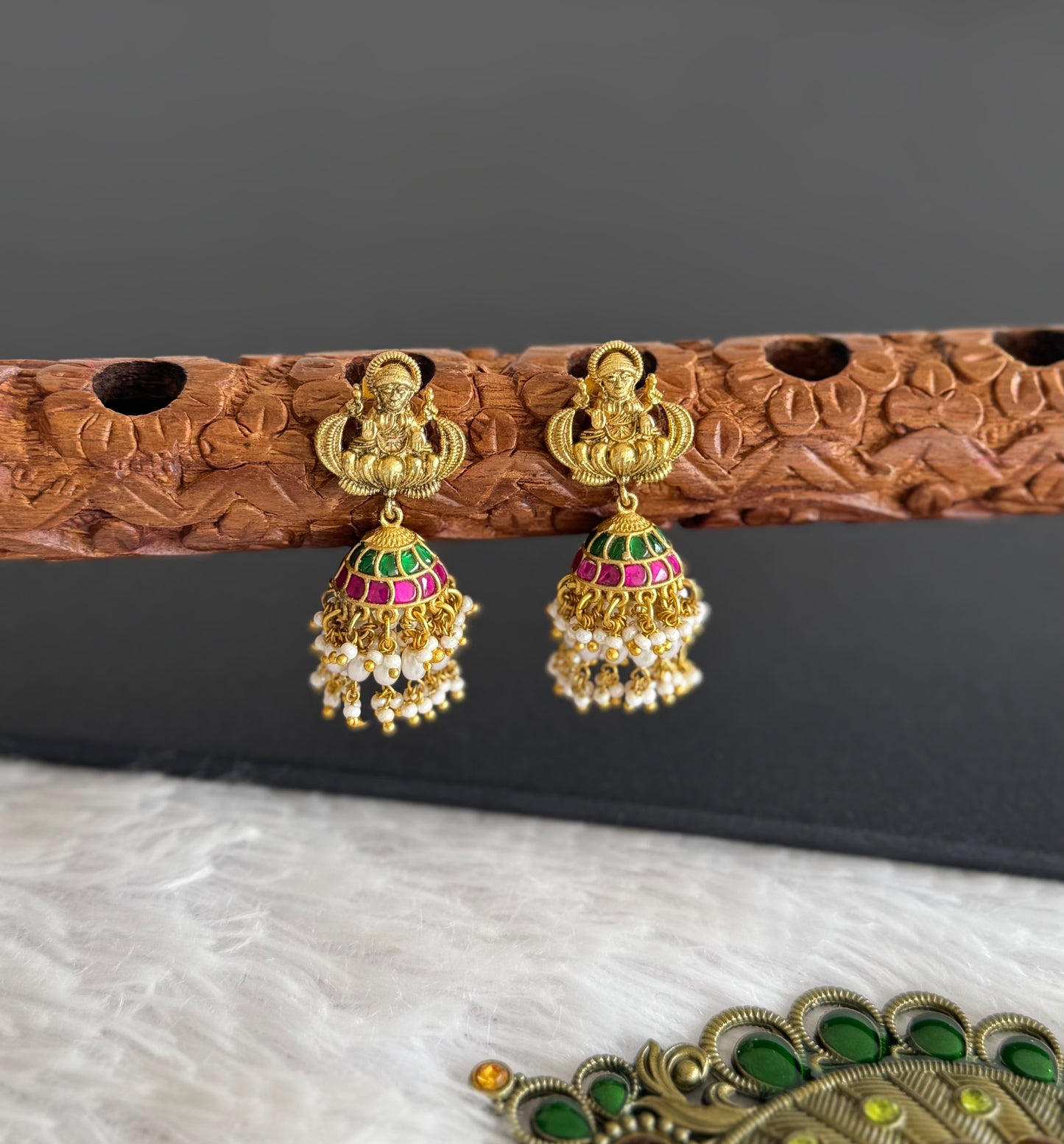 Gold tone pink-green-white kundan jadau lakshmi green beaded jhumkka dj-51506