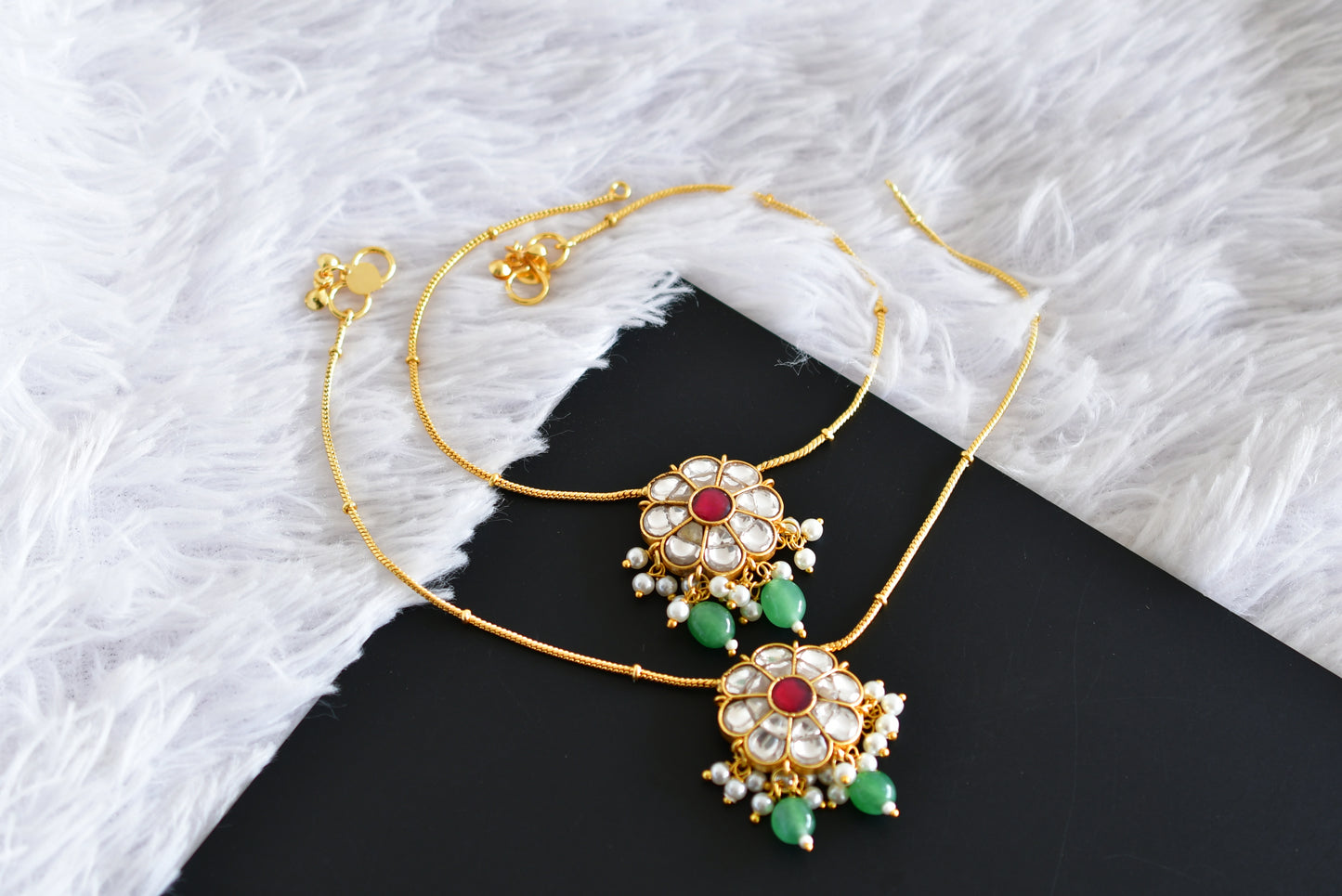 Gold tone pink-white-green flower kundan jadau anklets dj-52402