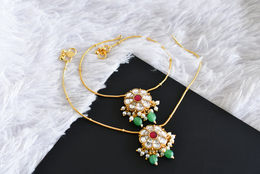 Gold tone pink-white-green flower kundan jadau anklets dj-52402