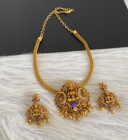 Antique gold tone purple-white stone lakshmi peacock necklace set dj-54266