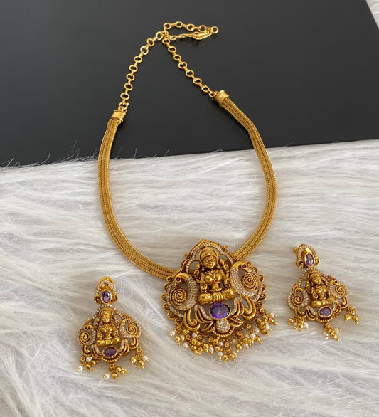 Antique gold tone purple-white stone lakshmi peacock necklace set dj-54266