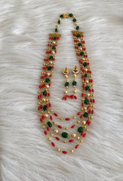 Antique gold tone multilayer coral-green beaded necklace set dj-54985