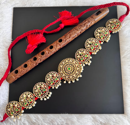 Gold tone precious kemp-green pearl round peacock waist band dj-52541