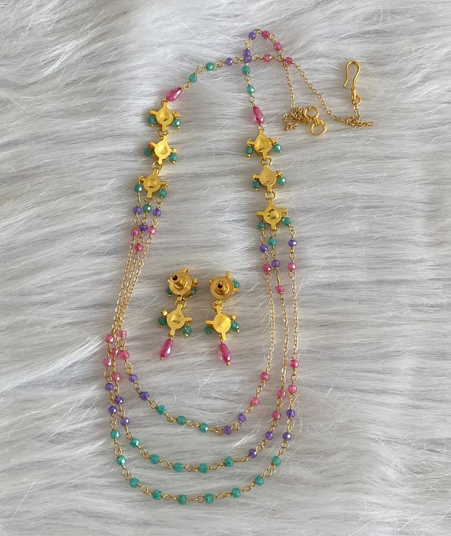 Antique gold tone pink stone beaded multi layer necklace set dj-54175