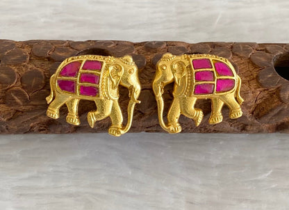 Gold tone pink kundan jadau elephant earrings dj-53533
