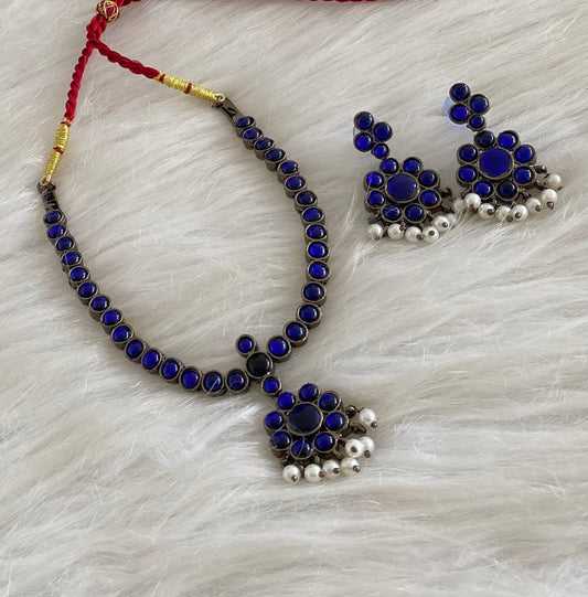 Black finish blue stone pearl necklace set dj-54619