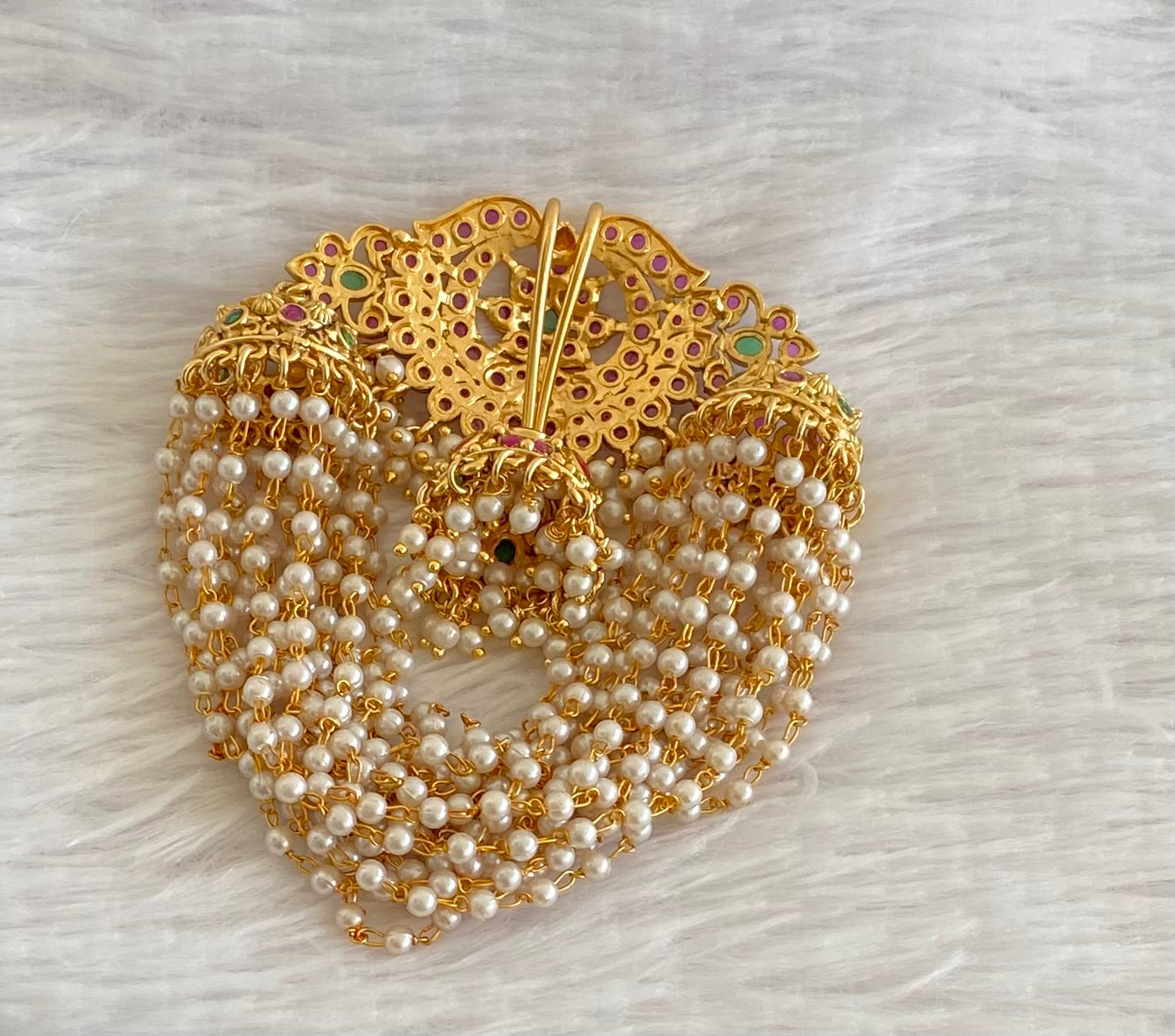 Antique gold tone kemp-green pearl hair jewel dj-53640