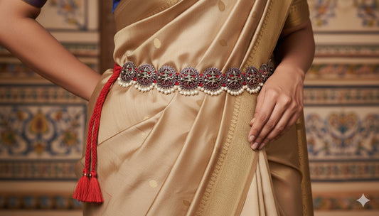 Black finish precious kemp-green-white pearl Shri Natarajar waist band dj-52272