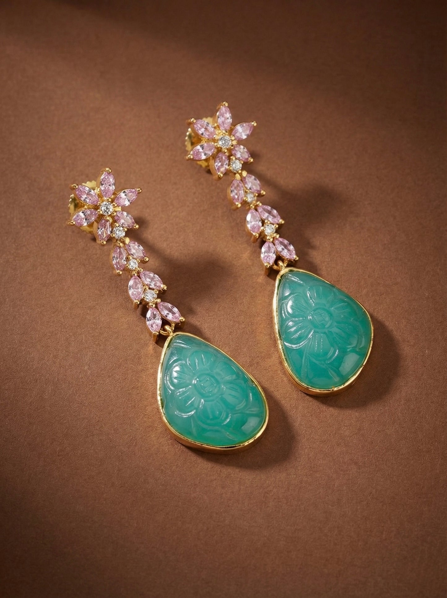 Gold tone baby pink-sea green carved stone earrings-dj52585