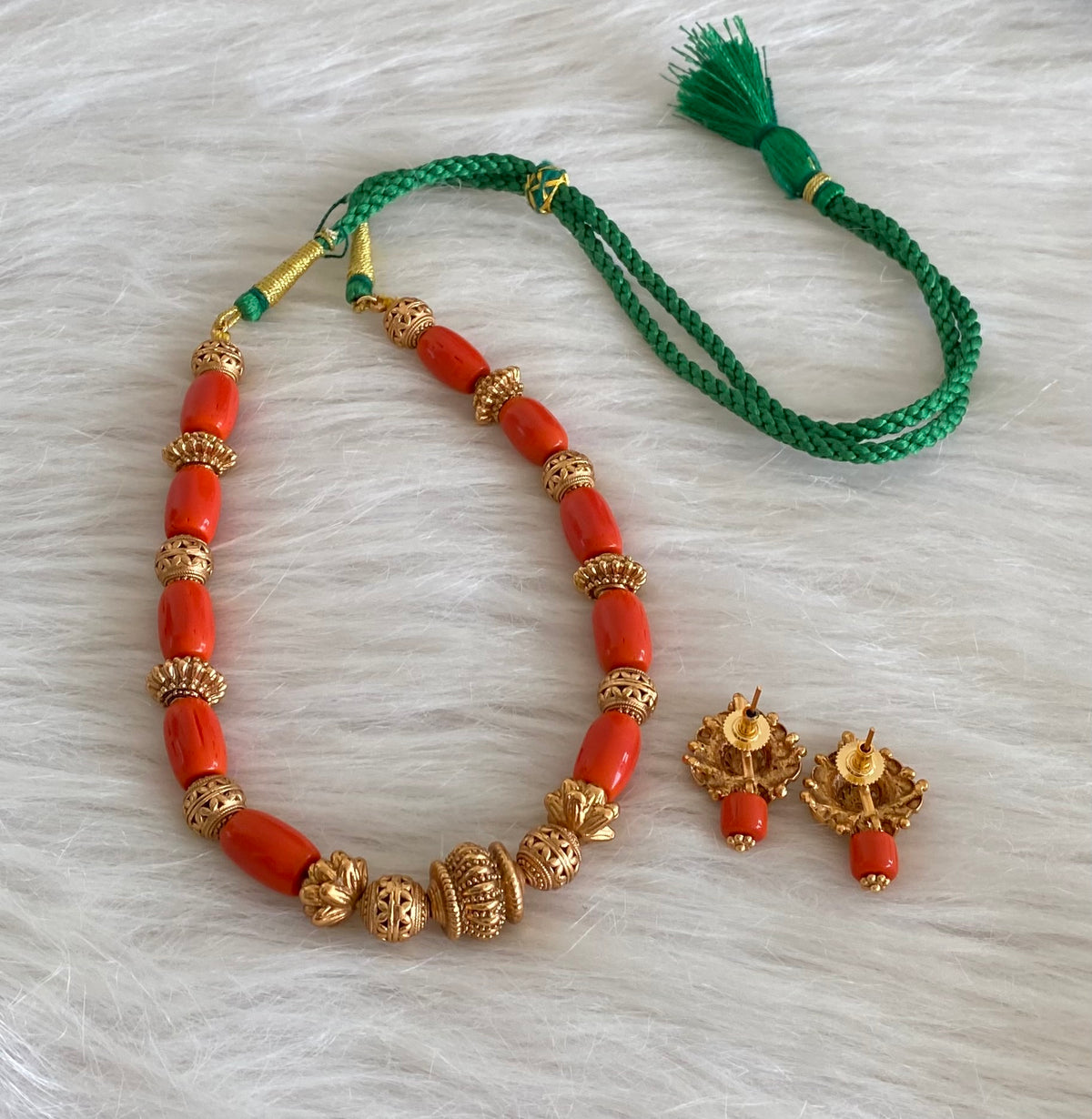 Antique gold tone coral nakshi beaded necklace set dj-54954
