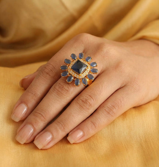 Gold tone Cz-blue square stone Finger Ring-dj17059