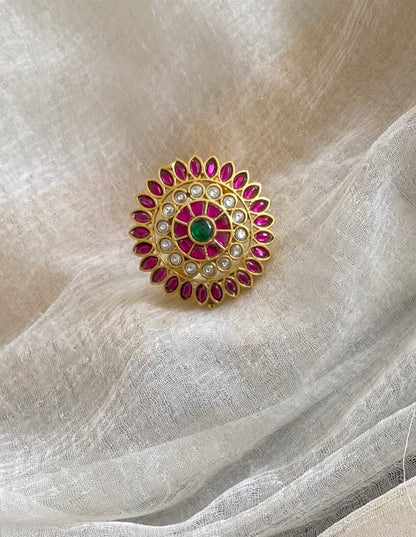 Gold tone pink-green-white kundan jadau round finger ring dj-54321