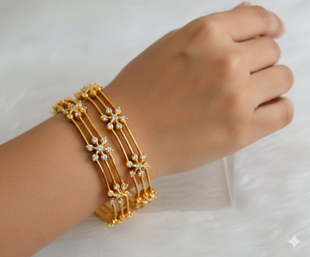 Gold tone cz white flower bangles(2.6) dj-47393