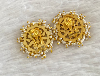 Gold tone pink-white-green pearl kundan jadau flower stud/earrings dj-53546