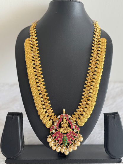 Matte gold tone kundan jadau Lakshmi coin peacock short haar dj-51558