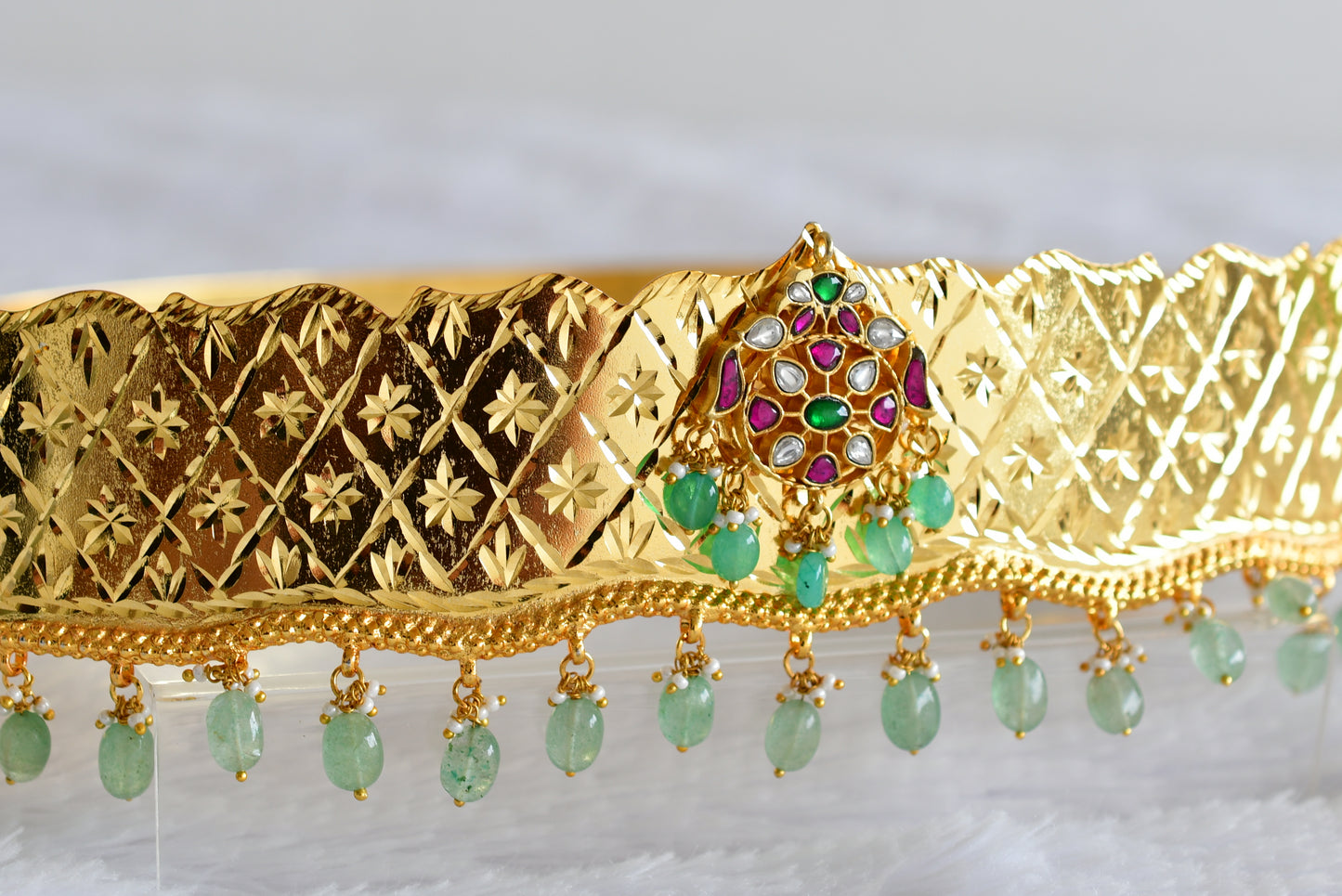Gold tone pink-green-white kundan jadau flower waist band dj-52185