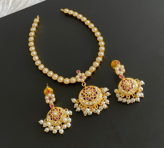 Gold tone pink stone pearl south Indian style necklace set dj-54406