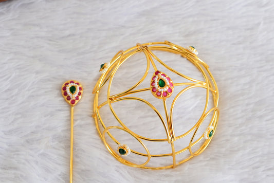 Gold tone kemp-green bun cage-hair accessory with stick Dj-52335