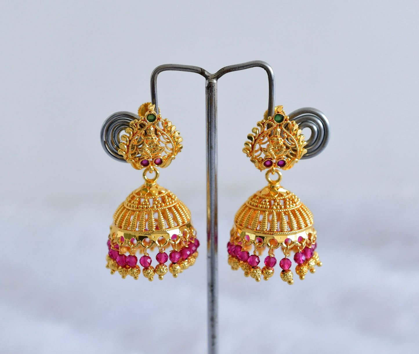 Gold tone kerala style pink-green lakshmi jhumkka dj-51805