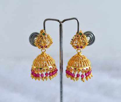 Gold tone kerala style pink-green lakshmi jhumkka dj-51805
